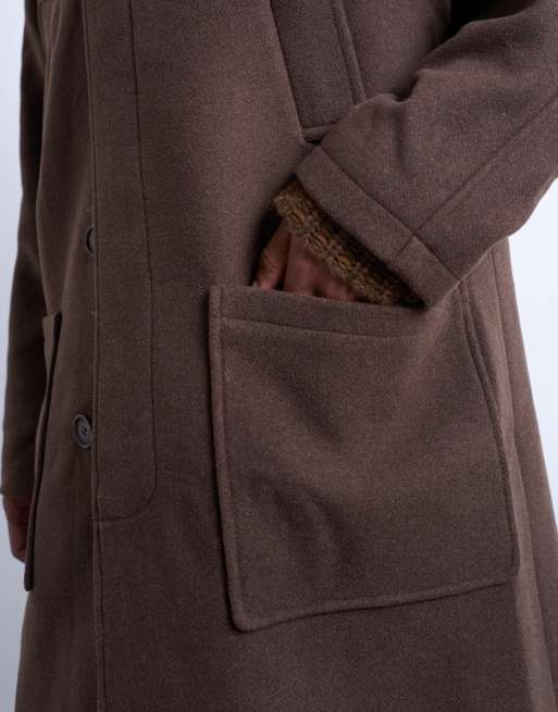 Topman premium wool blend raglan overcoat in chocolate, 4 of 5