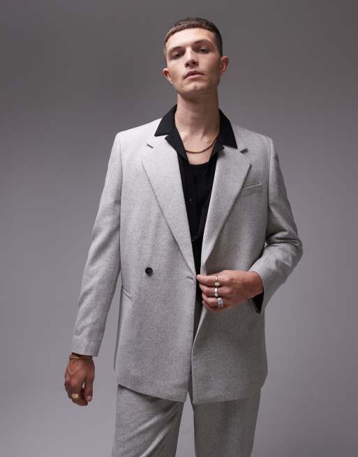 Topman premium wool mix oversized double breasted suit jacket in light gray