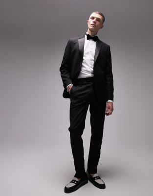 Topman Premium Wool Mix Slim Stretch Tuxedo Pants In Black In Black