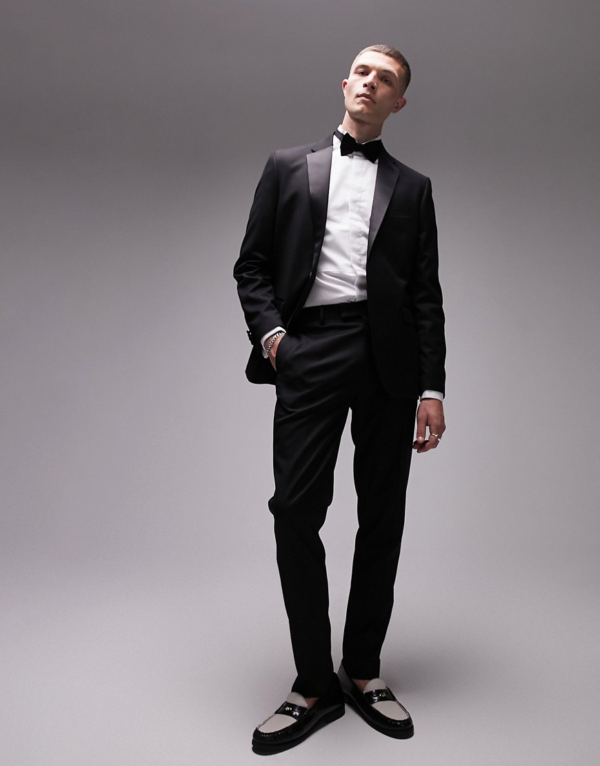 Topman Premium Wool Mix Slim Stretch Tuxedo Pants In Black