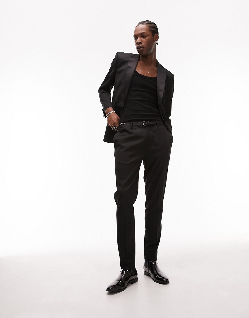 Topman Premium Wool Mix Slim Tuxedo Pants In Black