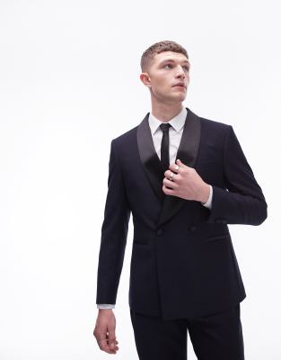 Topman Premium Wool Rich Tux Suit Jacket In Navy