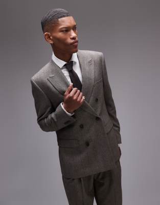 Topman Topman premiumn relaxed wool mix striped herringbone jacket in brown-Grey
