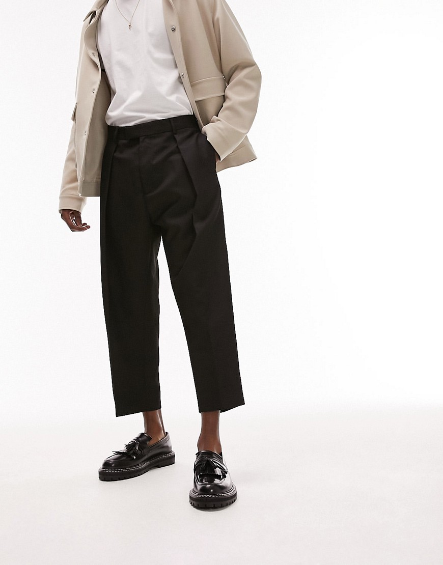 Topman pronounced twill extreme pleat cropped pants in black