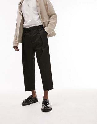 Topman pronounced twill extreme pleat cropped trousers in black