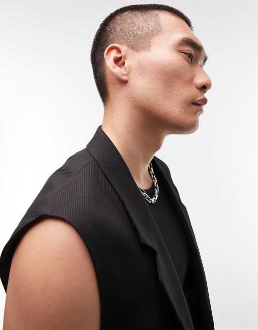Topman pronounced twill sleeveless blazer in black, 3 of 4