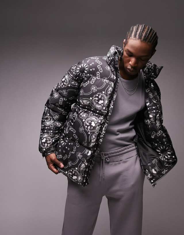 Topman puffer jacket with all over paisley print in black