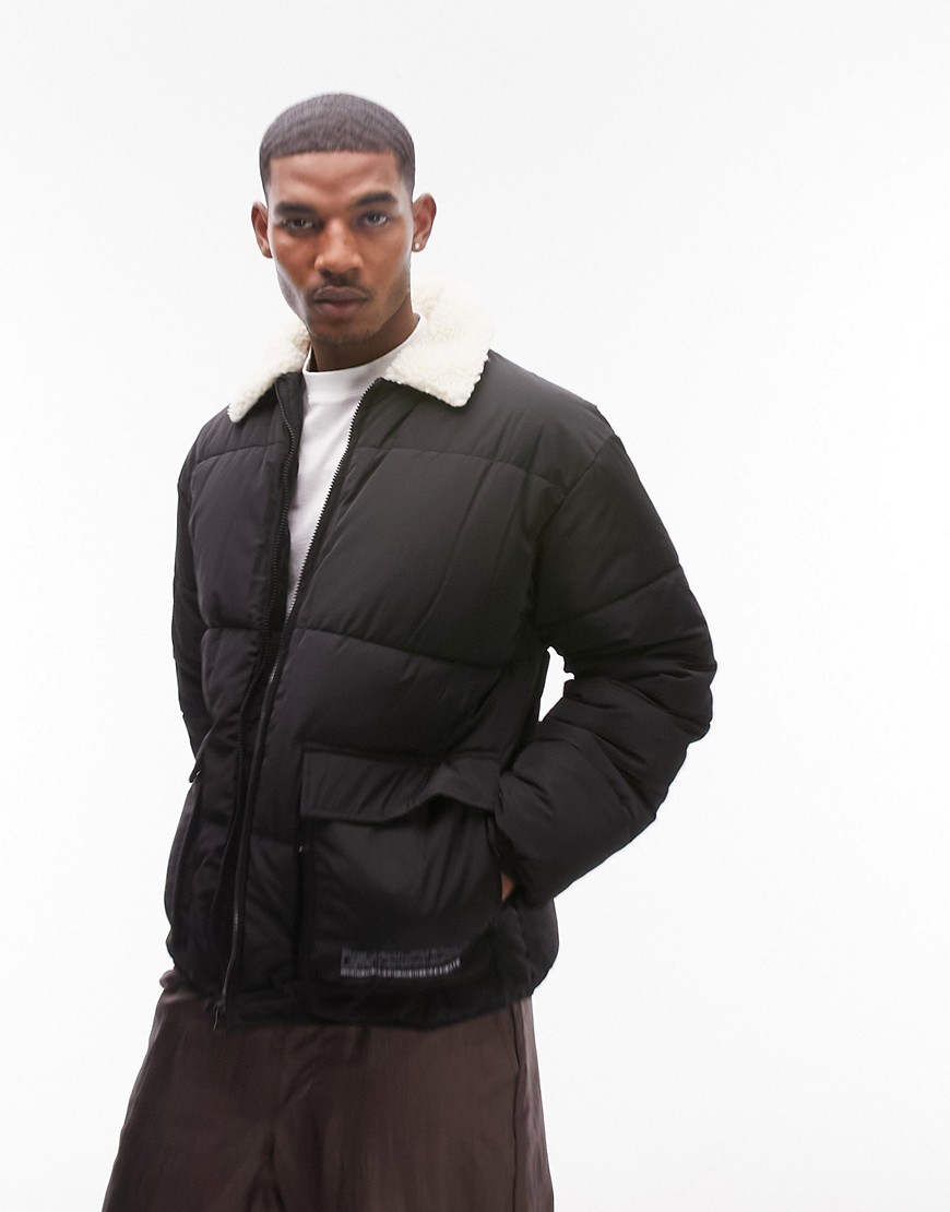 Topman Puffer Jacket With Borg Collar In Black