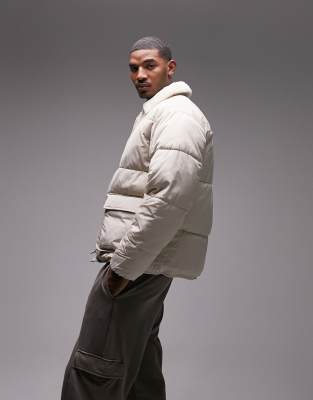 Topman Puffer Jacket With Borg Collar In Stone-neutral In White