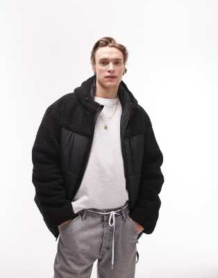 Topman Puffer Jacket With Borg Fleece Paneling In Black