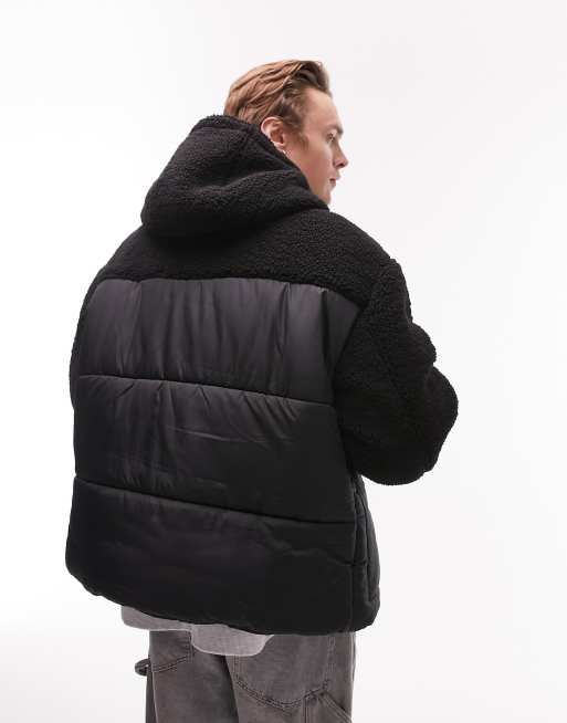 Topman puffer jacket with borg paneling in black