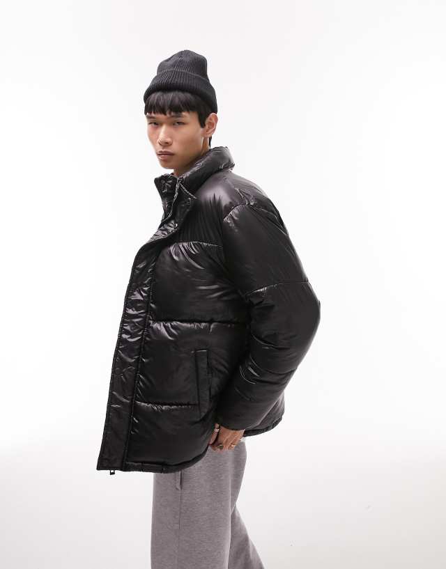 Topman puffer jacket with high shine in black