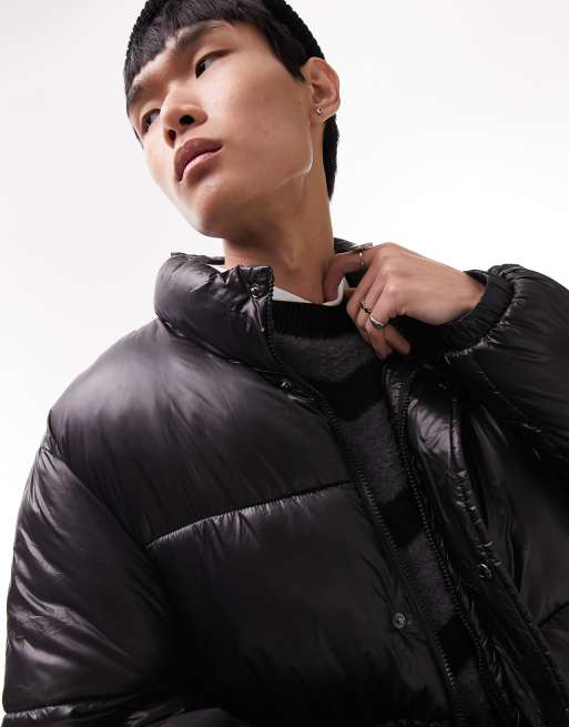 Topman faux leather puffer jacket in black