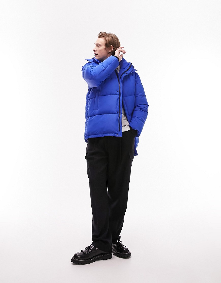 Topman puffer jacket with hood in blue