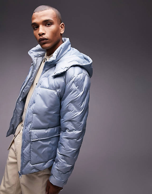 Topman - puffer jacket with hood in light blue