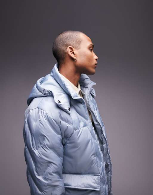 Topman puffer jacket with hood in light blue