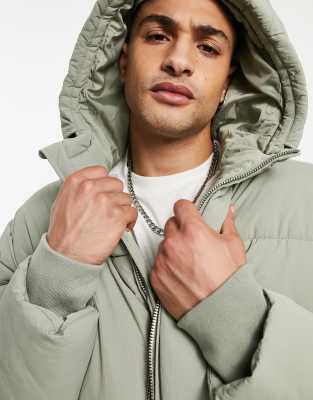 Topman puffer jacket with hood in sage green - LGREEN | ASOS