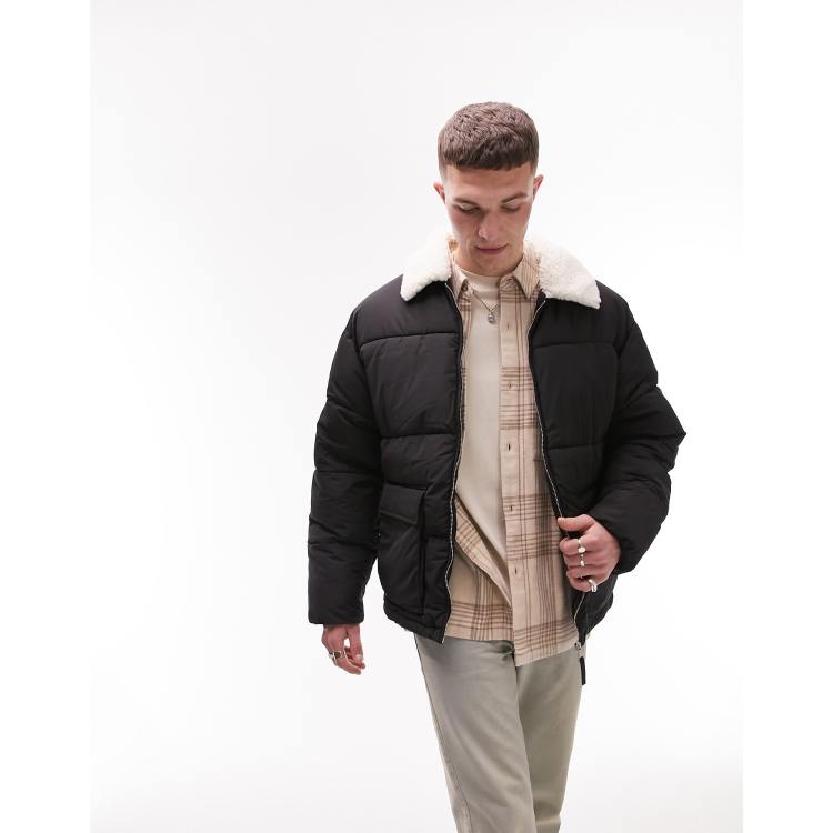 Topman puffer with sherpa collar in black