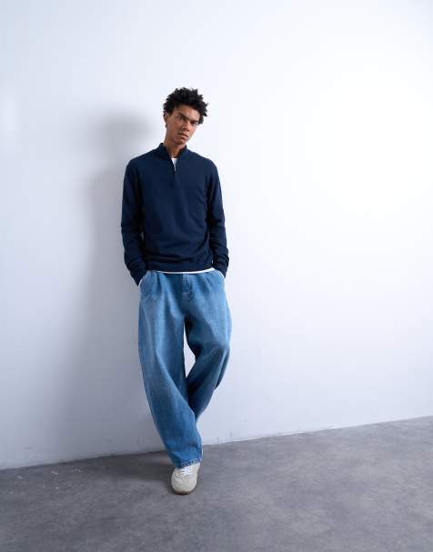 Topman - Pull classique en maille à col cheminée zippé - Bleu marine - view 1