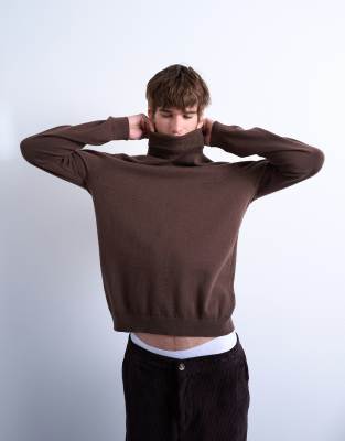 Topman - Pull col roulé classique en maille - Marron
