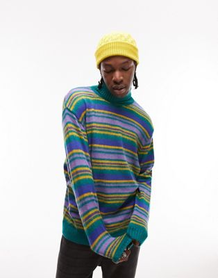 Topman brushed knitted stripe roll neck jumper in blue - ASOS Price Checker