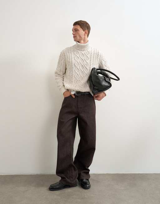 Topman pull col roulé en maille torsadée coupe relax en écru, 2 de 5