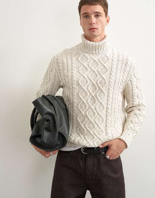 Topman pull col roulé en maille torsadée coupe relax en écru, 5 de 5