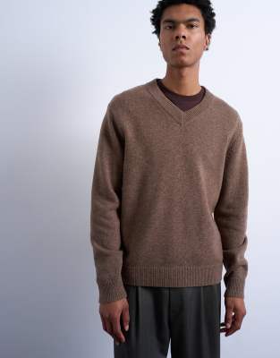 Topman - Pull coupe classique à col V en laine mélangée - Marron-Bleu
