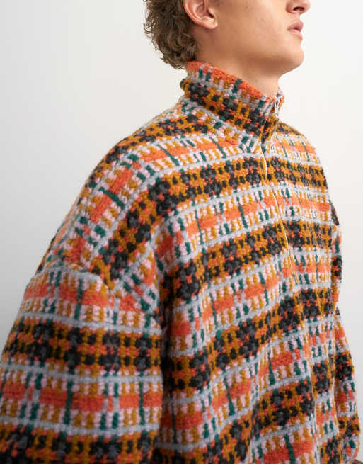 Topman pull coupe courte carrée à col cheminée zippé 1/4 en imitation peau de mouton à carreaux orange, 5 de 5