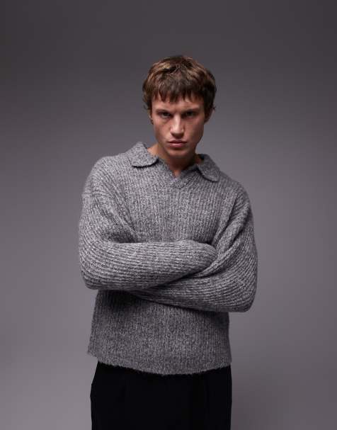 Topman - Pull coupe décontractée à col ouvert - Gris chiné - view 1