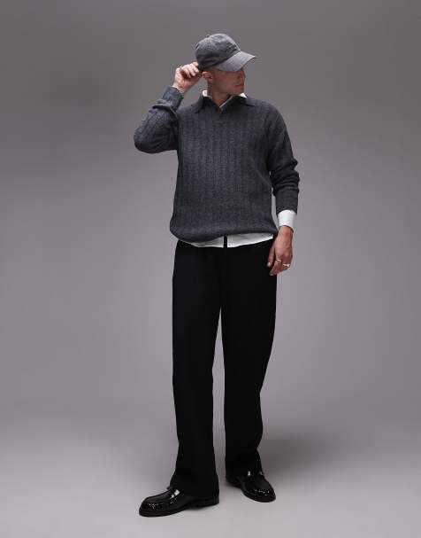 Topman - Pull décontracté côtelé à col polo - Anthracite - view 1