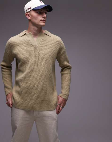 Topman - Pull décontracté en laine d'agneau de qualité supérieure avec col ouvert - Kaki - view 1