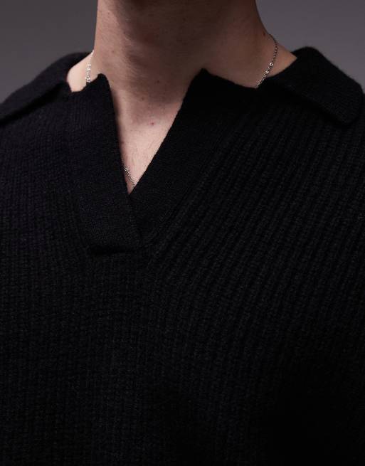 Topman - Pull décontracté en laine d'agneau de qualité supérieure avec col ouvert - Noir, 3 de 4