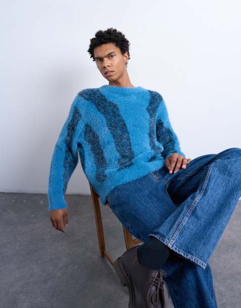 Topman - Pull décontracté en maille duveteuse rayée - Bleu - view 1