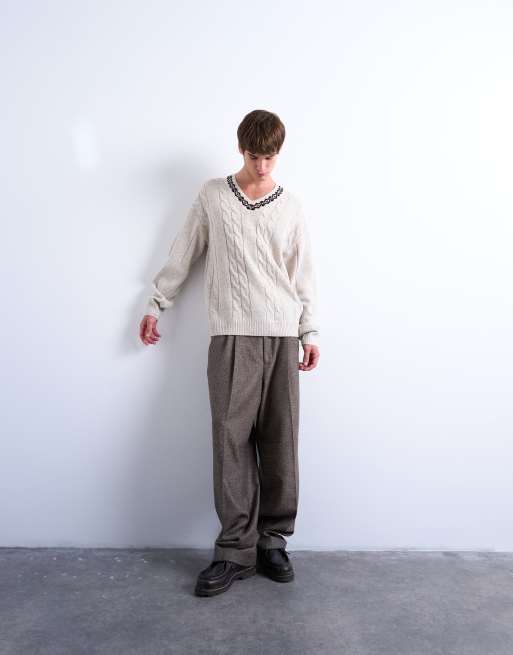 Topman - Pull décontracté en maille torsadée avec col V et motif jacquard - Écru, 2 de 5