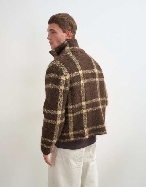 Topman pull en maille à carreaux coupe relaxed zippé intégral marron, 3 de 5