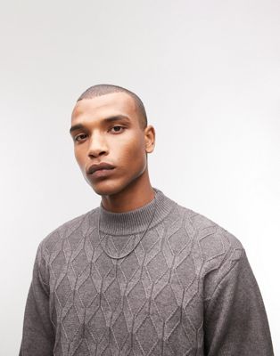 Topman turtle neck knitted jumper with knitted design in grey - ASOS Price Checker