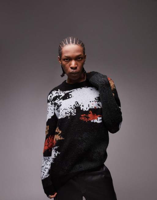 Topman - Pull en maille avec imprimé abstrait sur l'ensemble - Multicolore