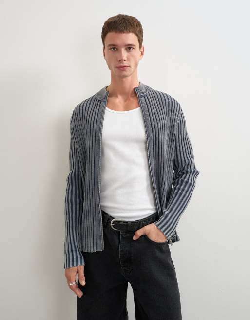 Topman pull en maille coupe classique zippé sur toute la longueur avec grosses côtes, gris délavé, 4 de 5