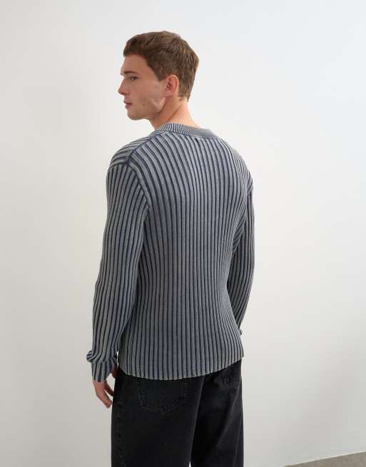 Topman pull en maille coupe classique zippé sur toute la longueur avec grosses côtes, gris délavé, 5 de 5