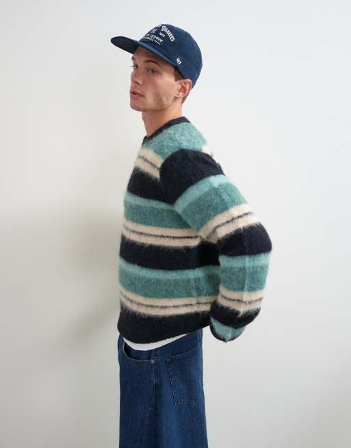 Topman pull en maille rayé duveteux coupe relaxed bleu canard, 2 de 5
