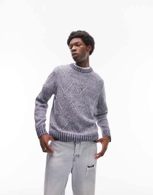 Topman - Pull en maille torsadée jacquard teint par section - Bleu