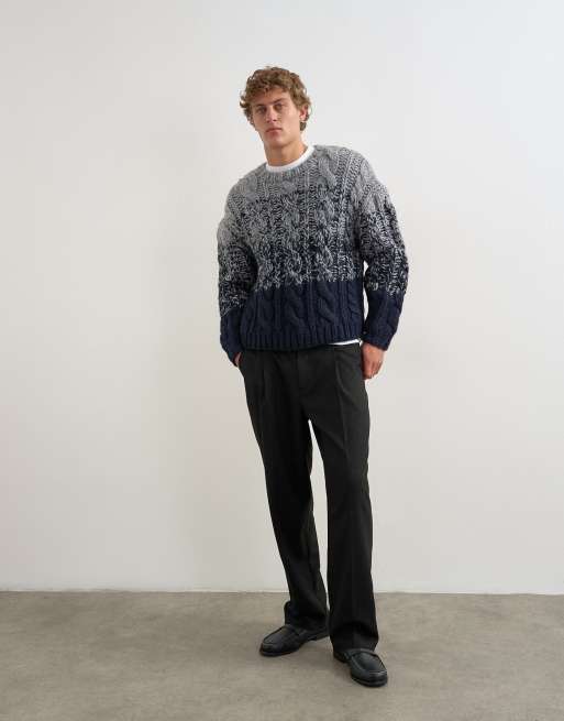Topman pull en maille torsadée tricoté à la main, coupe relaxed, effet ombré, bleu marine, 4 de 5