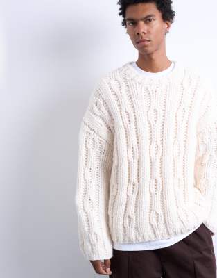 Topman - Pull en maille torsadée tricotée à la main - Écru-Blanc