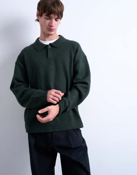 Topman - Pull habillé en maille à col polo - Vert foncé - view 1
