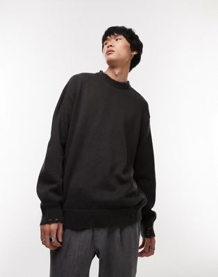 Topman oversized knitted crew neck jumper with distressing in washed black - ASOS Price Checker