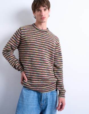 Topman - Pull rayé en maille torsadée coupe classique - Kaki-Vert