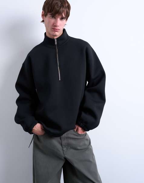 Topman – Pullover aus Material in Neoprenoptik in Schwarz mit kurzem Reißverschluss und Stehkragen - view 1
