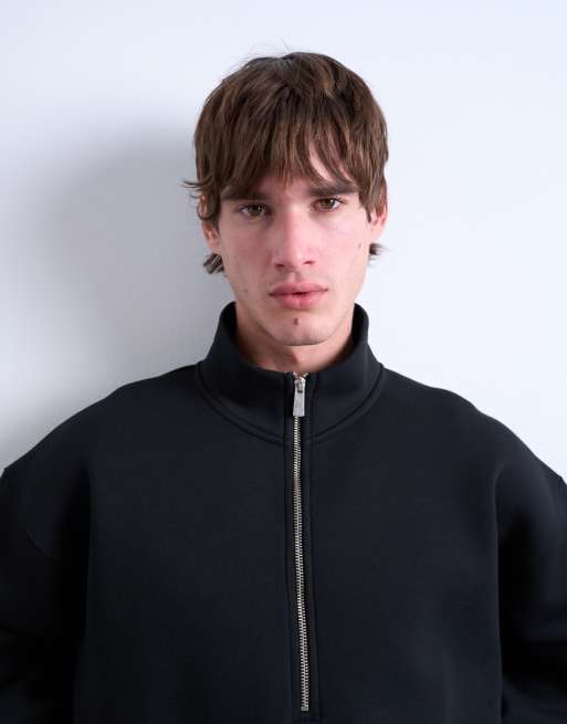 Topman – Pullover aus Material in Neoprenoptik in Schwarz mit kurzem Reißverschluss und Stehkragen, 2 von 5