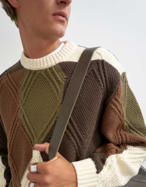 Topman Pullover in Relaxed Fit mit Rautenzopfmuster und Military-Muster in Multi, 3 von 5